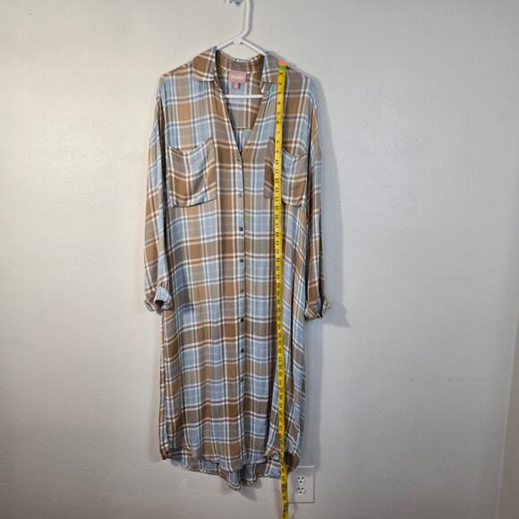 Show Me Your MUMU Leo Tunic Duster Women's S Blue Tan Plaid Button Up READ - Picture 11 of 12